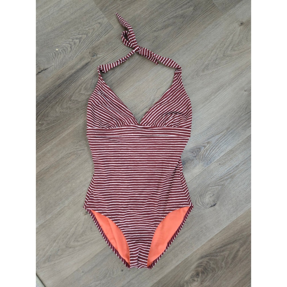Prana Womens Striped Halter One Piece Swimsuit Burgundy White Small
